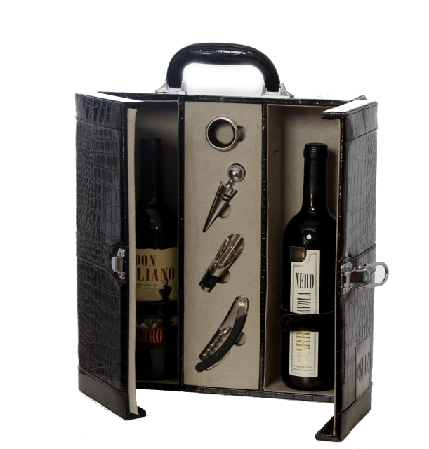 Elegant Black Box for 2 wine or oil /vinegar bottles with accessories